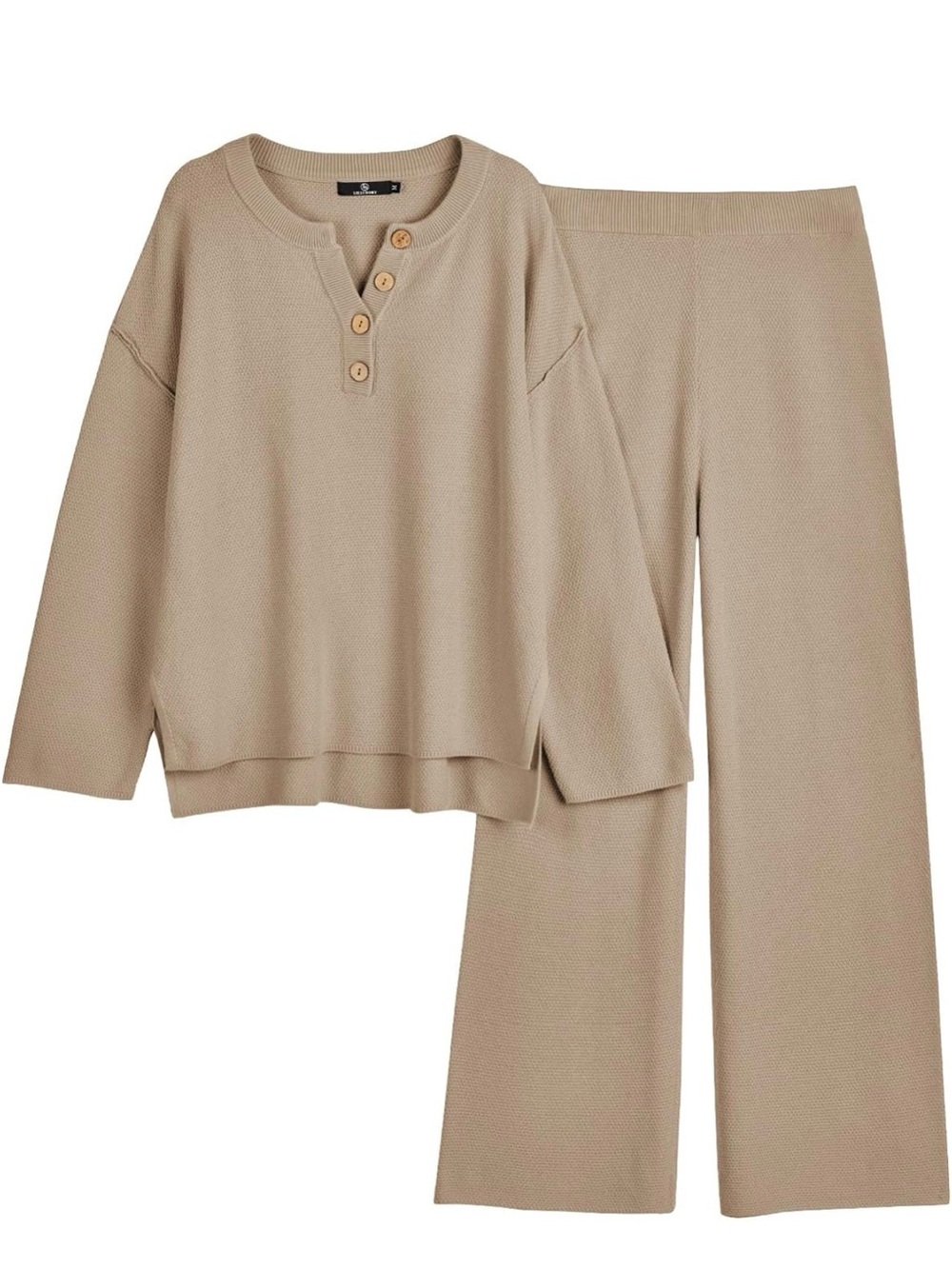 Lillusory Waffle Knit Lounge Pants Cream Khaki Wide Leg Sweater Pants Small EUC